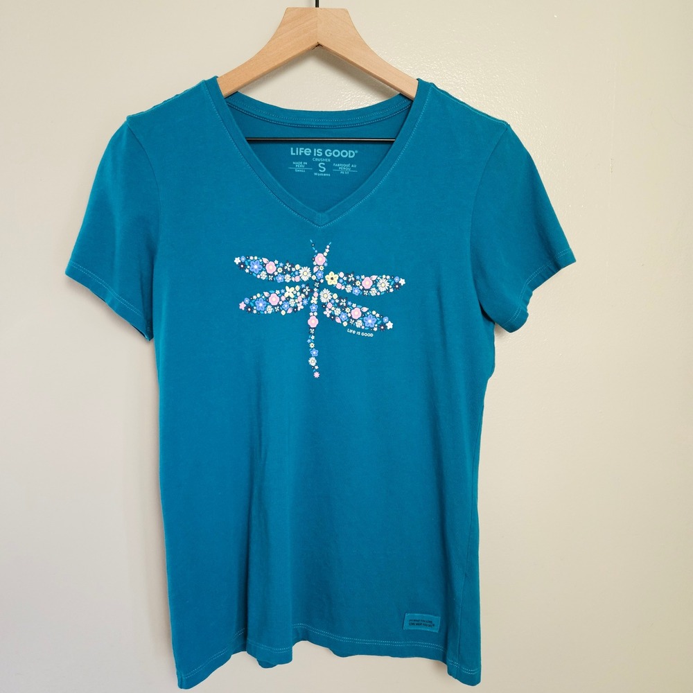 Life Is Good Floral Dragonfly Crusher Short Sleeve V-Neck Tee Womens S Teal Blue